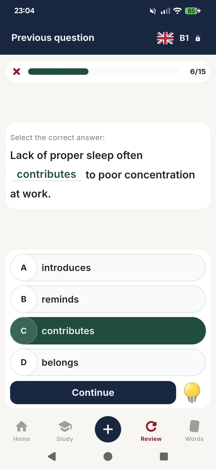 A fill-the-gap exercise on the word contributes, with the correct option highlighted in green.