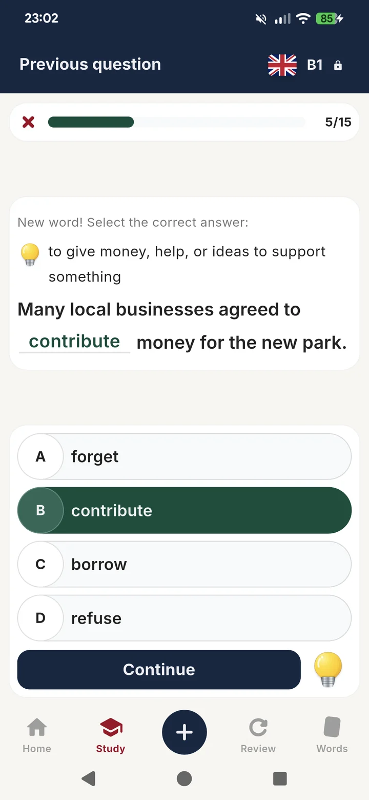 A first-contact exercise: the definition of contribute above a sentence with one gap, the correct option highlighted in green.