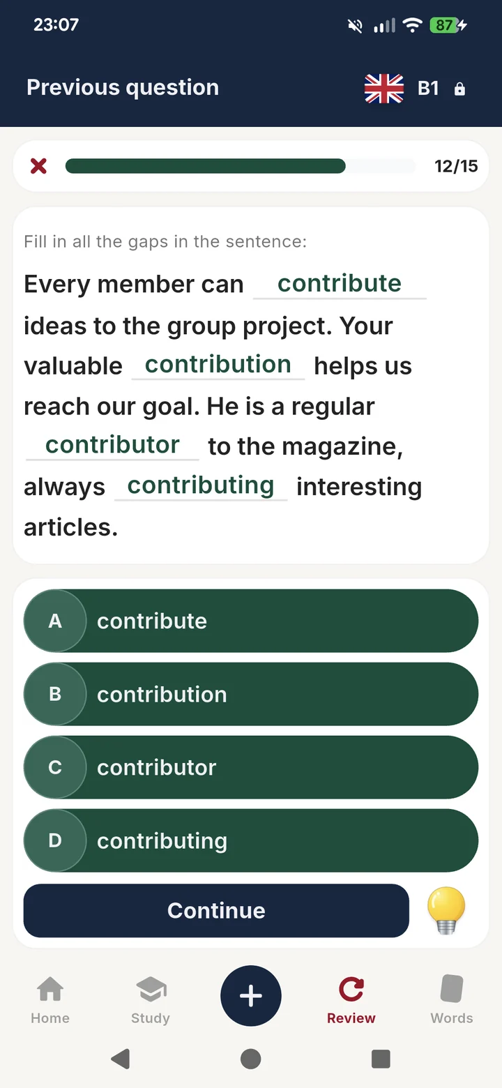 A word-family exercise: four sentences whose gaps are filled by contribute, contribution, contributor and contributing.